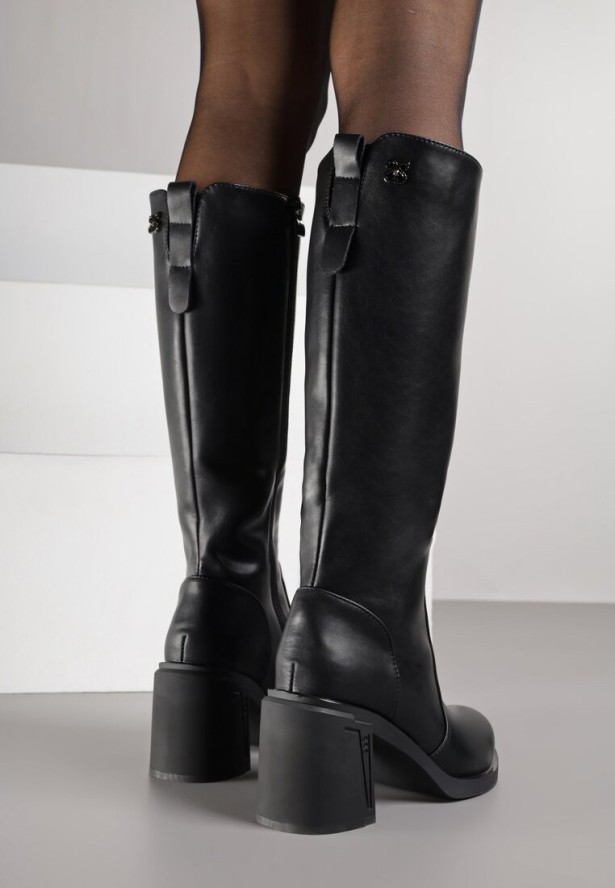 Czarne Kozaki VICES na Słupku ze Skóry Naturalnej Ozdobione Aplikacjami Refesa