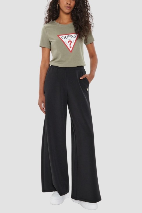 GUESS Czarne damskie spodnie dresowe Olympe Wide Leg, Rozmiar L