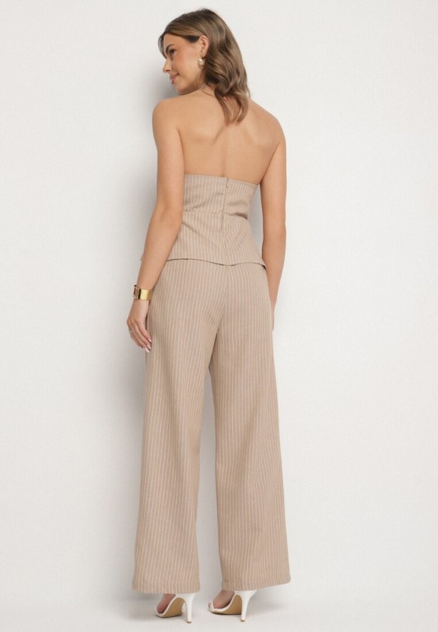 Beżowy Kombinezon w Prążki w Stylu Garniturowym Lanirith