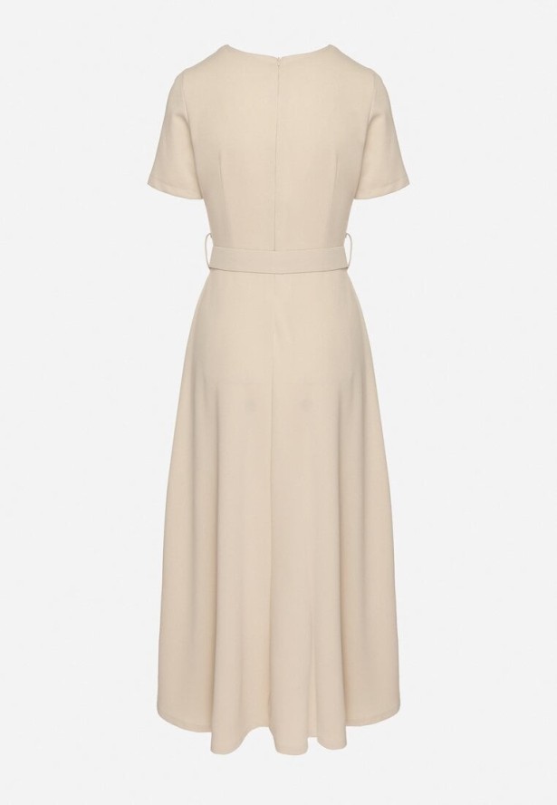 Beżowa Rozkloszowana Sukienka Ozdobiona Paskiem Desianna