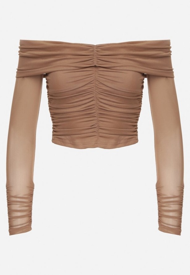 Ciemnobeżowa Siateczkowa Bluzka VICES z Odkrytymi Ramionami Ozdobiona Marszczeniem Tuvita