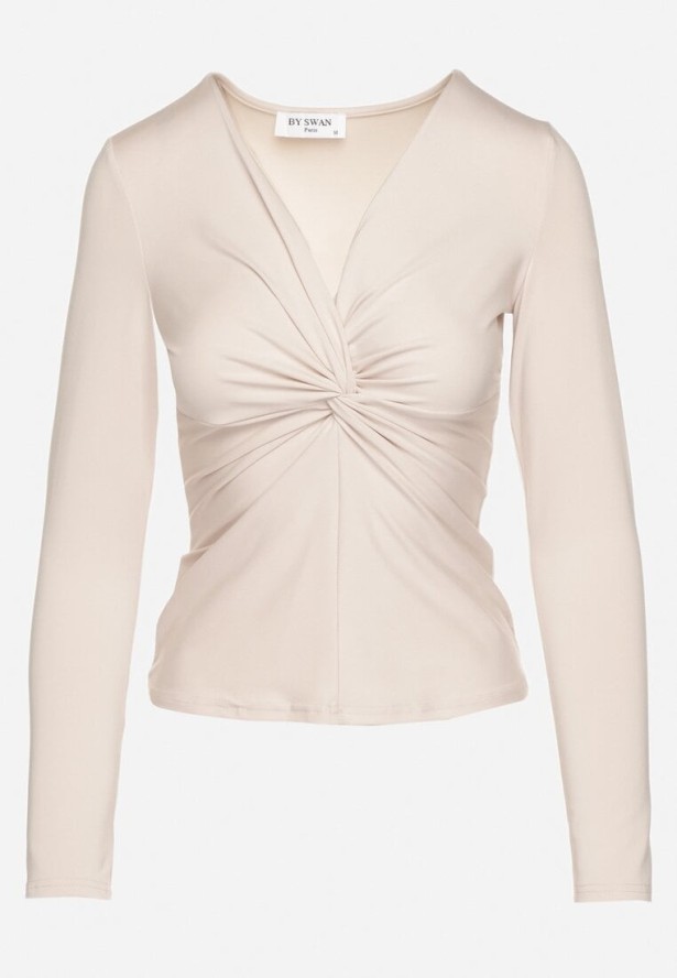 Beżowa Bluzka z Wiskozą i Ozdobnym Marszczeniem Neldexia