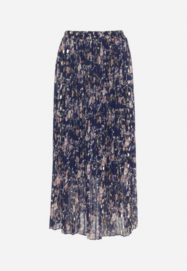 Granatowa Rozkloszowana Spódnica Plisowana z Metalicznym Nadrukiem w Kwiatowy Wzór Folireia