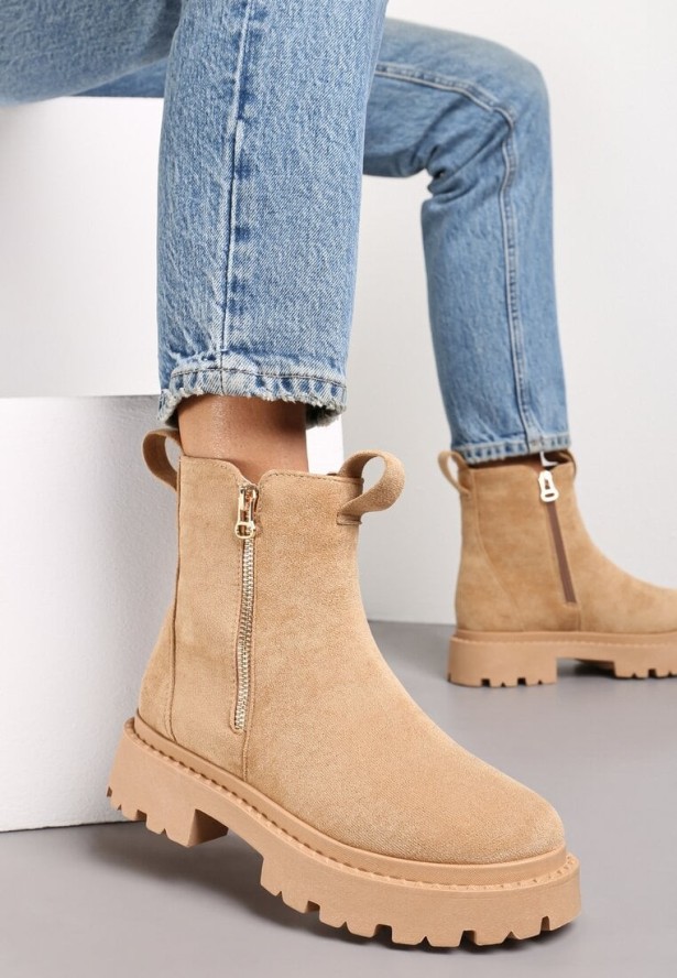 Beżowe Botki na Grubej Podeszwie z Ozdobną Tasiemką Cudre