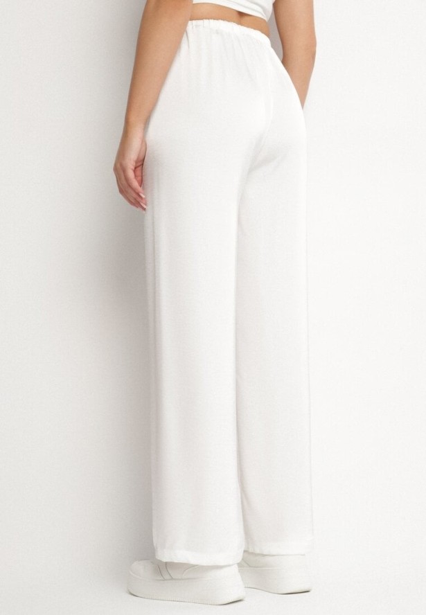 Białe Szerokie Spodnie z Wiskozą Wysokim Stanem i Ozdobnym Wiązaniem Narirana