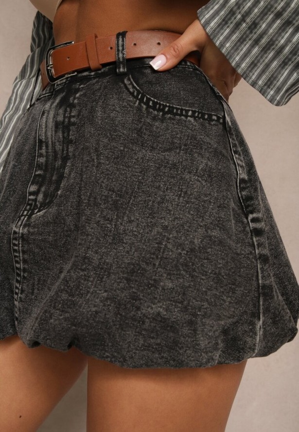 Czarna Bawełniana Spódnica Bombka Jeansowa z Paskiem Norisia