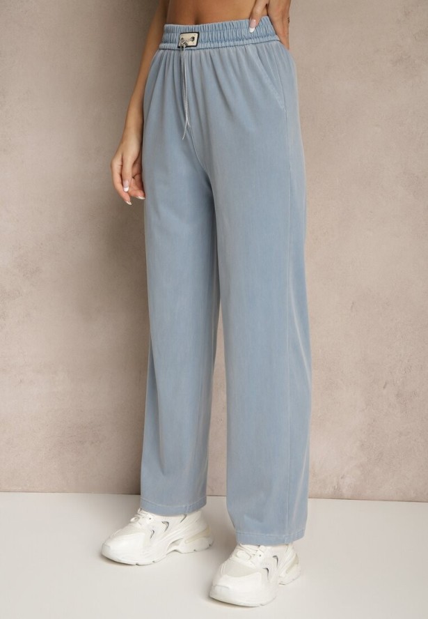 Niebieskie Spodnie z Wiskozą High Waist z Ozdobną Aplikacją Frovanna