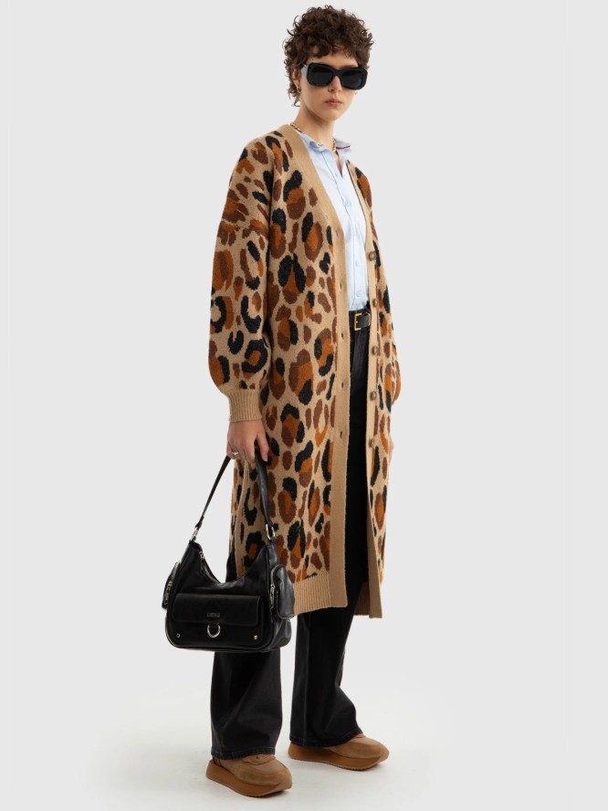 Sweter damski typu kardigan z motywem zwierzęcym brązowy Pantira 000