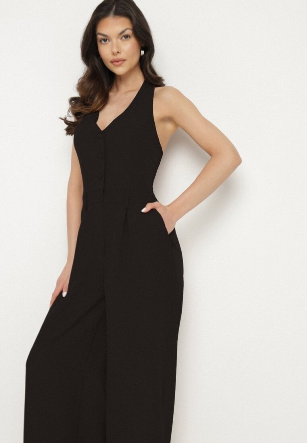 Czarny Kombinezon Taliowany Ozdobiony Guzikami Niladwenna