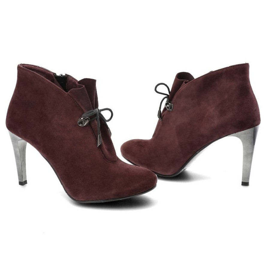 Botki damskie Karino, sznurowany i rozpinany zamsz naturalny i na szpiczastym słupku, fioletowe, 1850-158-P