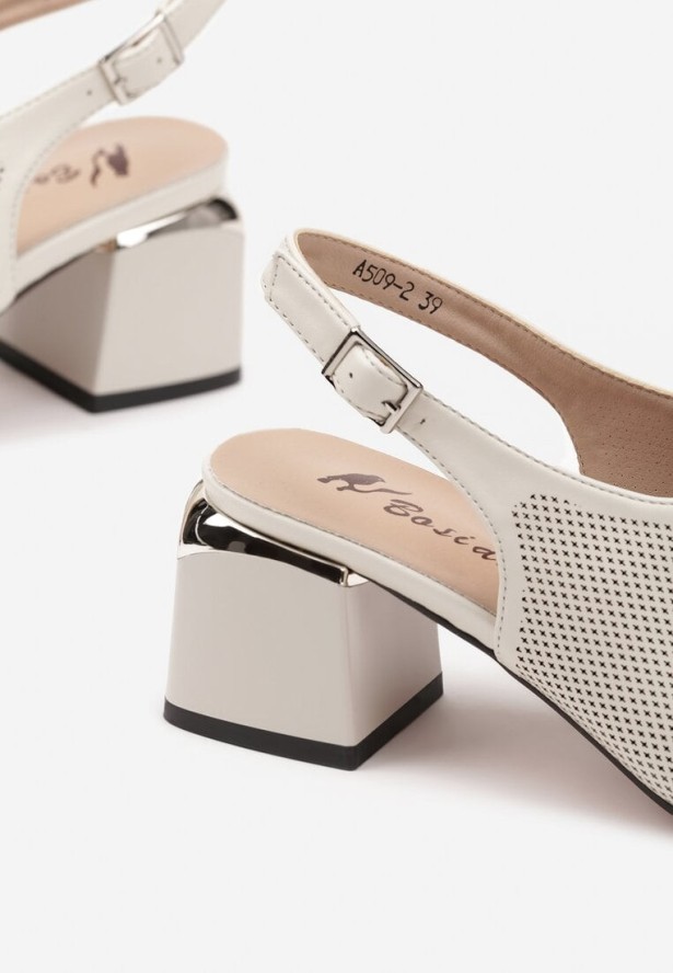 Beżowe Ażurowe Sandały na Słupku z Wkładką ze Skóry Naturalnej Damitte