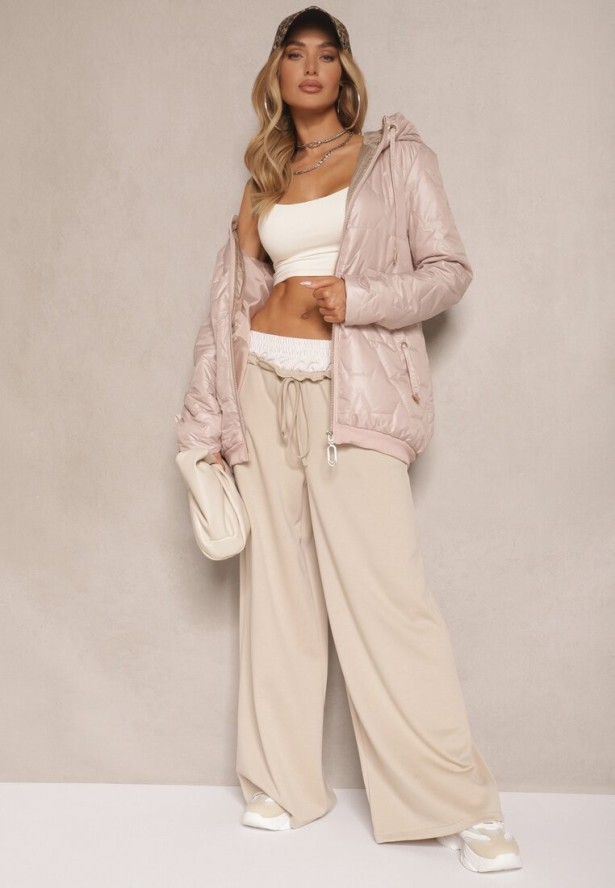 Beżowa Pudełkowa Kurtka z Pikowanymi Przeszyciami i Kapturem Telaniela