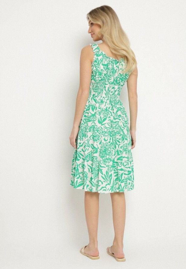 Zielona Bawełniana Sukienka Rozkloszowana Ozdobiona Guzikami Lisavena