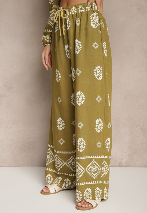 Ciemnozielony Komplet w Stylu Etno Spodnie z Gumką w Pasie i Bluzka Oversize Eviralyn