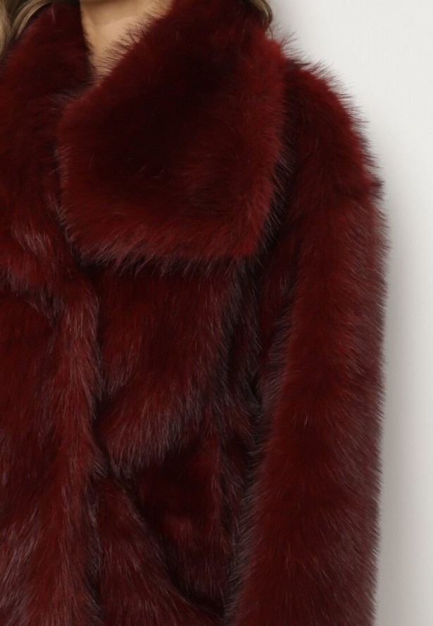 Bordowa Futrzana Kurtka z Szerokim Kołnierzem Merionnie
