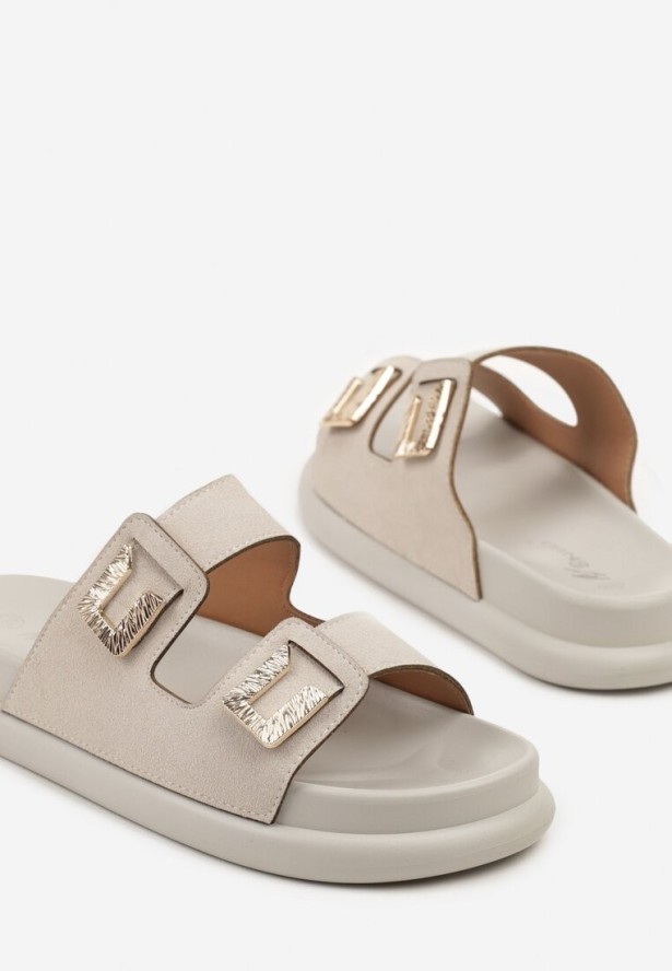 Szare Klapki z Imitacji Zamszu z Paskami z Metalicznymi Aplikacjami Ostella