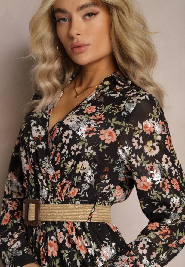 Czarna Sukienka Maxi z Plecionym Paskiem i Gumką w Talii w Kwiaty Elanisa