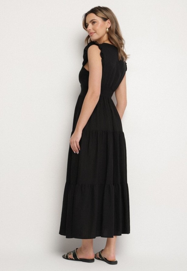 Czarna Wiskozowa Sukienka z Falbankami Sadoline