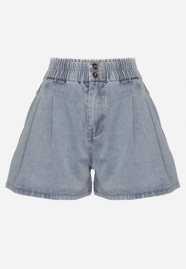 Niebieskie Szorty Jeansowe z Szeroką Nogawka i Wysokim Stanem Rinestra