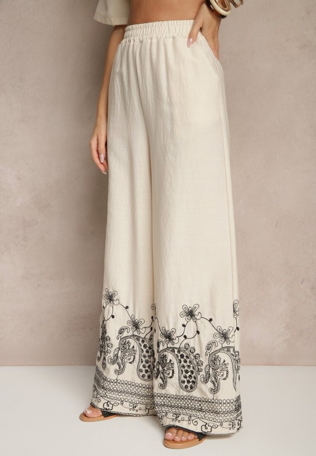 Beżowy Wiskozowy Komplet z Kwiatowym Zdobieniem Koszula i Szerokie Spodnie Mevilene