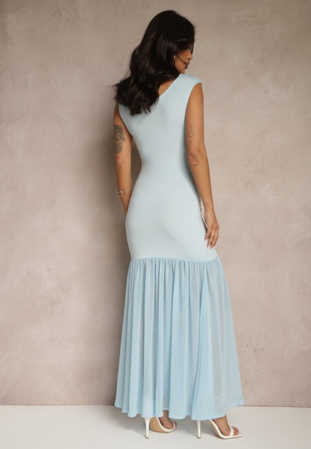 Niebieska Sukienka Koktajlowa z Wiskozą i Marszczeniem Galoriella