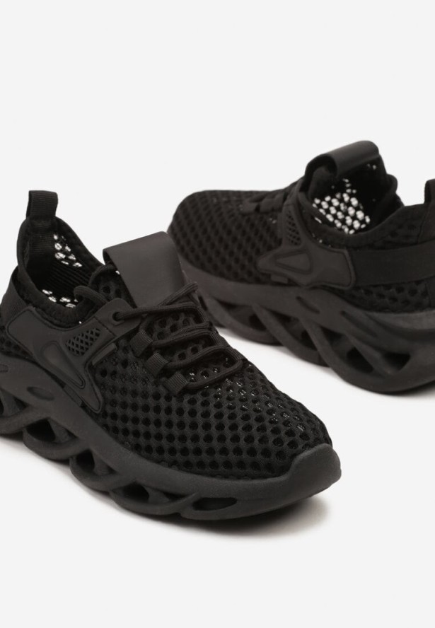 Czarne Siateczkowe Buty Sportowe Sneakersy na Grubej Tłoczonej Podeszwie Telarienna
