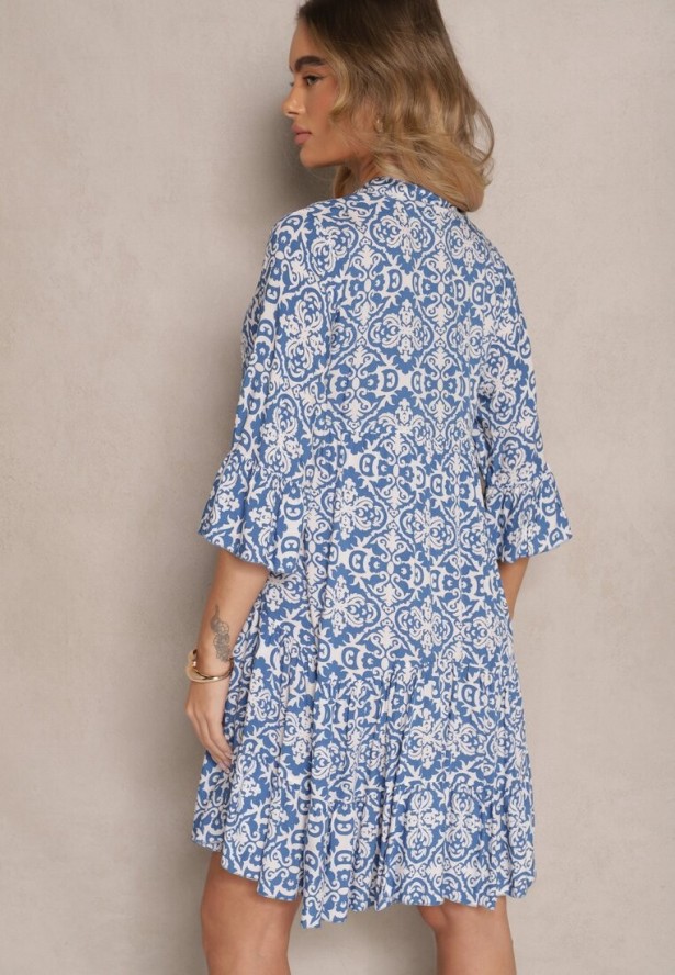 Niebieska Rozkloszowna Sukienka z Bawełny w Ornamentalny Wzór z Falbaną Lanariella