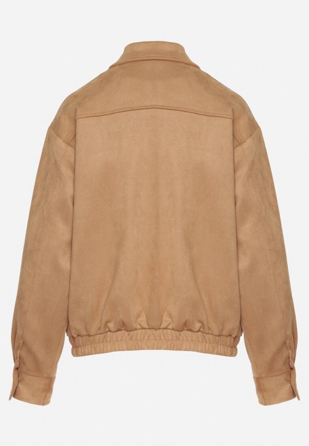 Beżowa Kurtka Przejściowa Bomberka z Imitacji Zamszu z Kołnierzykiem Ervila