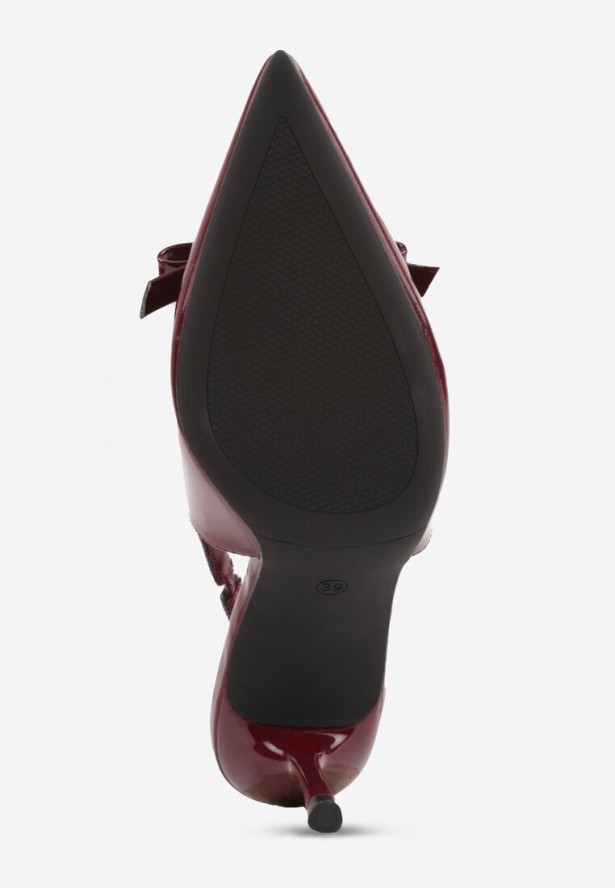 Bordowe Lakierowane Sandały Szpilki Vices Typu Slingback z Kokardą Dorozia