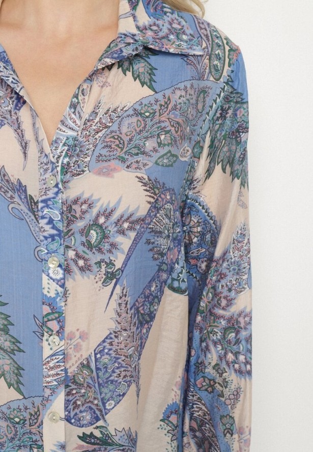 Niebieska Klasyczna Koszula z Wiskozą w Ornamentalny Wzór Aranisea