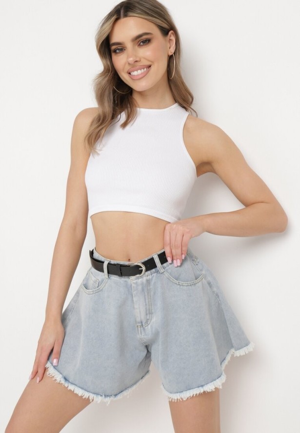 Jasnoniebieskie Jeansowe Szorty o Luźnym Fasonie z Dodatkowym Paskiem Cilike