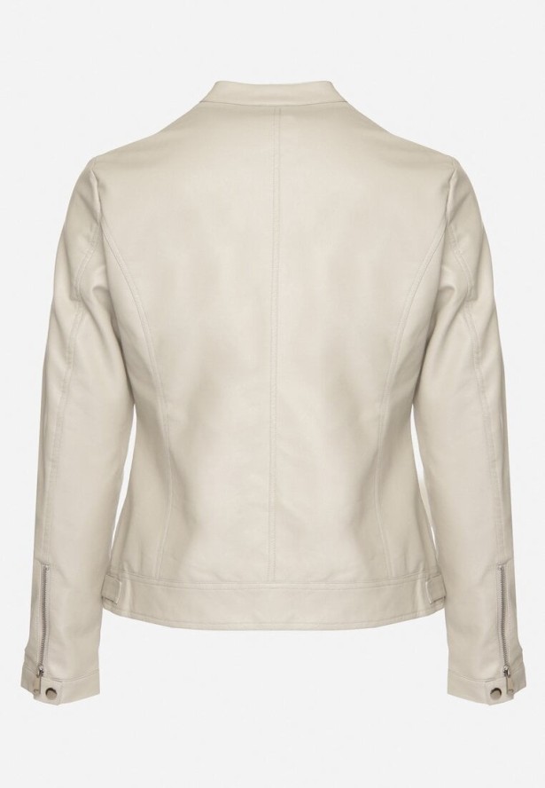 Jasnobeżowa Kurtka Ramoneska Bez Kołnierzyka z Suwakami na Rękawach Rilinne