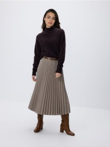 Plisowana spódnica midi z paskiem - beżowy