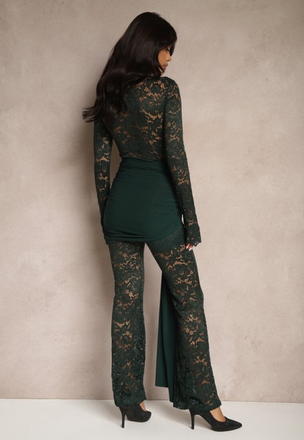 Zielony Komplet z Koronki Zdobiony Trenem Spodnie o Szerokim Kroju i Bluzka Longsleeve Feladi