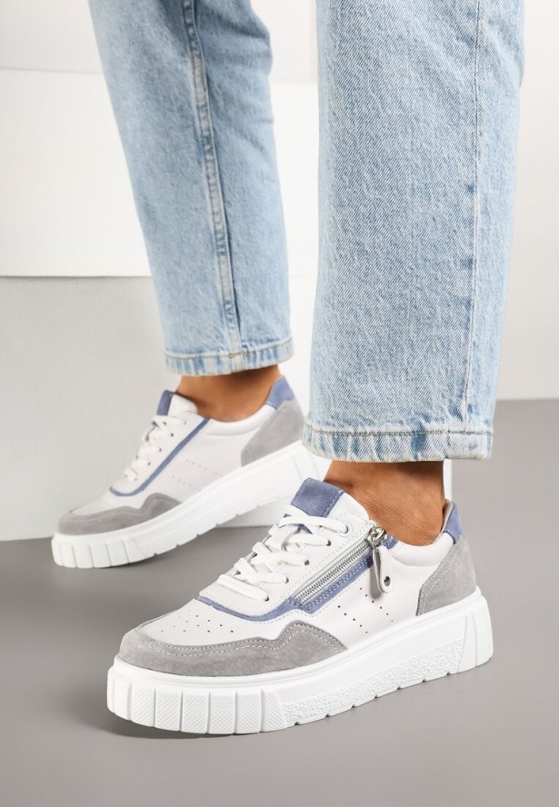 Biało-Szare Skórzane Sneakersy w Streetwearowym Stylu Zdobione Suwakiem Elearessa