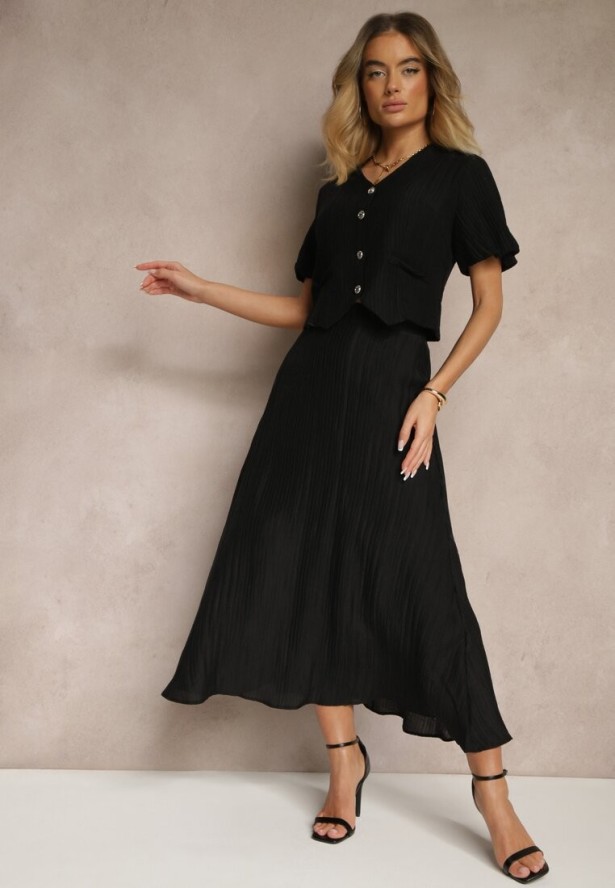 Czarny Komplet z Wiskozy Koszula i Spódnica o Rozkloszowanym Kroju Nanorela