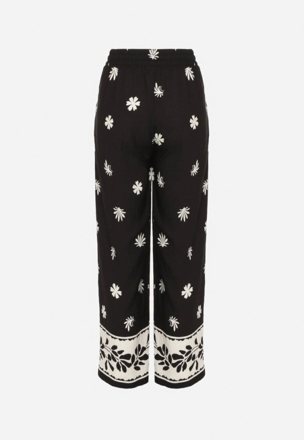 Czarne Szerokie Spodnie z Wiskozy w Kwiatowy Wzór z Gumką w Pasie Nimiova