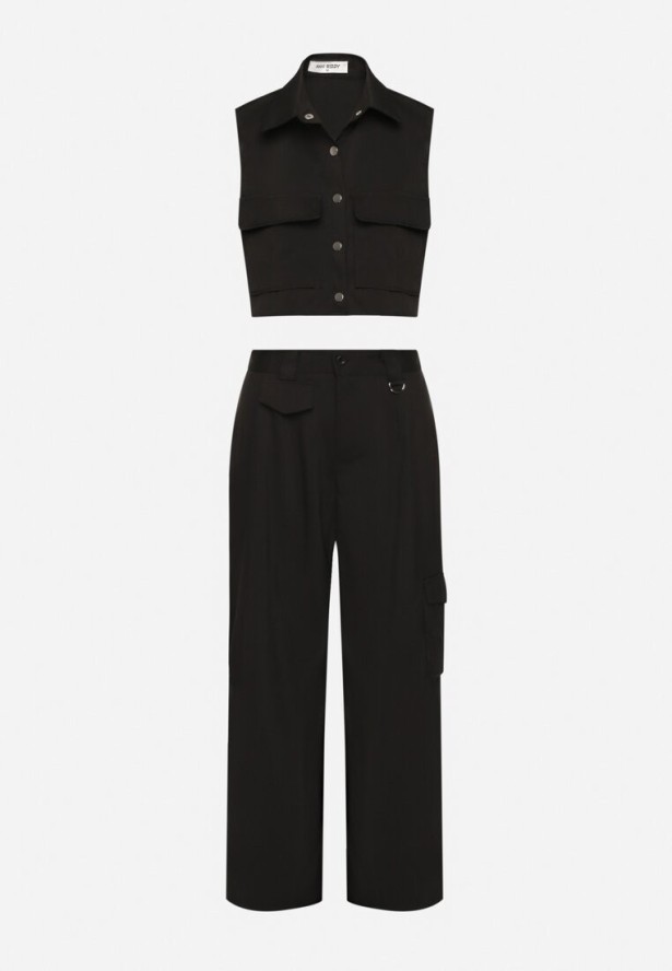 Czarny Komplet w Stylu Cargo Kamizelka z Kołnierzykiem i Szerokie Spodnie Zireva