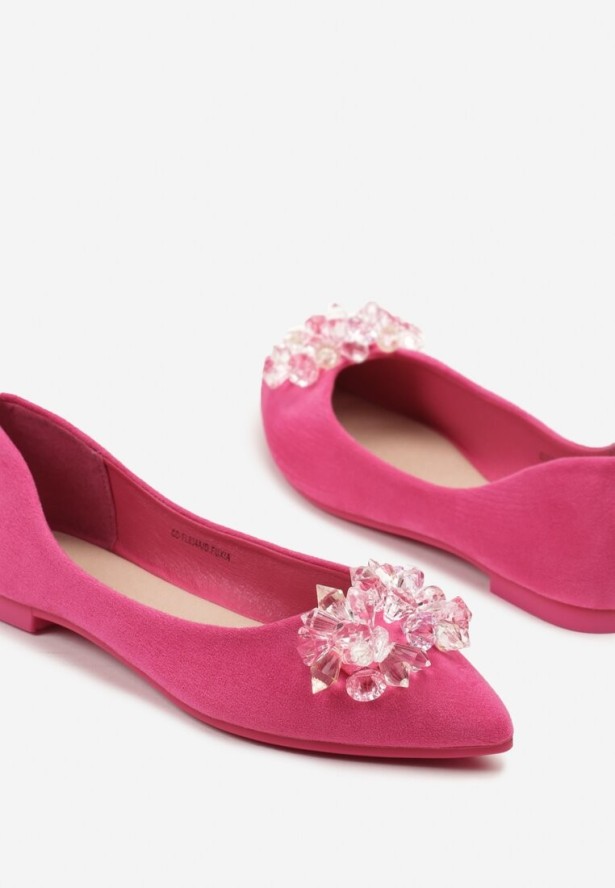 Fuksjowe Balerinki ze Skórzaną Wkładką Ozdobione Kryształkami Vevola