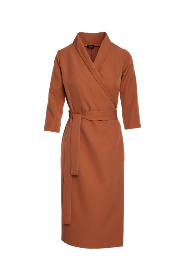 Elegancka sukienka biznesowa kopertowa midi z paskiem w talii brązowa