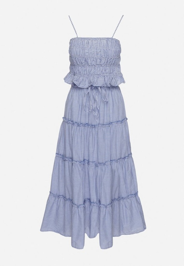 Niebieski Bawełniany Komplet w Kratkę Vichy Spódnica i Top Frolira