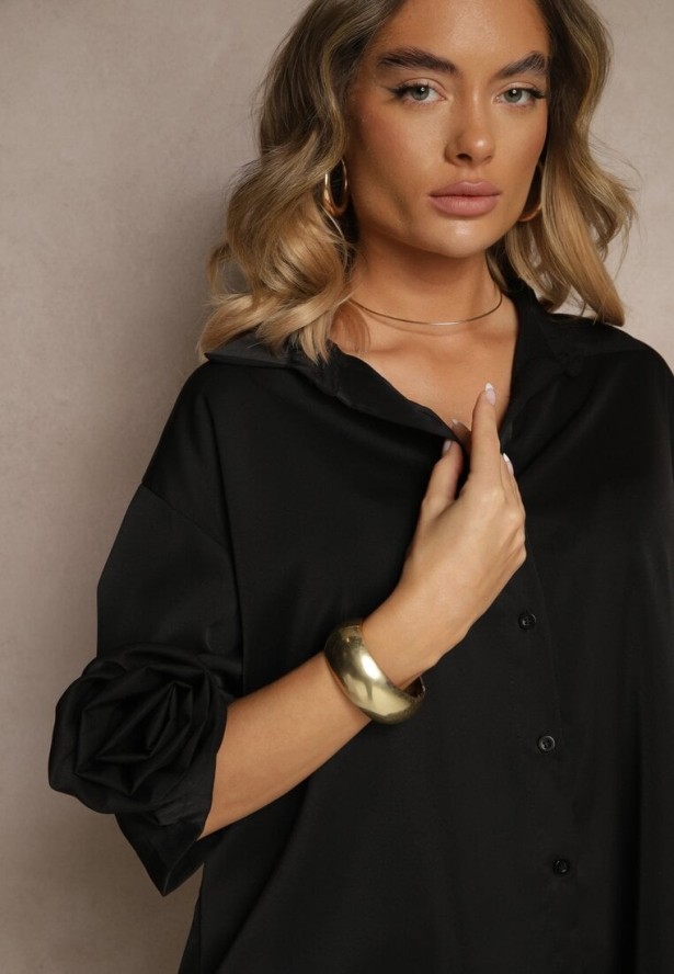 Czarna Koszula Ozdobiona Kwiatami 3DTenisela