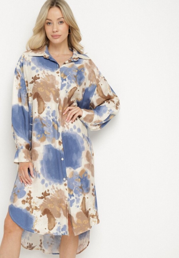 Niebieska Sukienka Koszulowa Oversize z Wiskozy w Abstrakcyjny Wzór Gonania