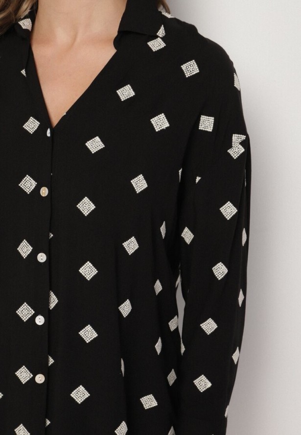 Czarna Koszula z Wiskozy z Lnu Zdobiona Geometrycznym Haftem Fadea