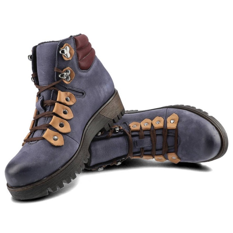 Granatowe Botki Pollonus Damskie Skórzane Obuwie