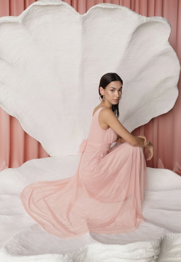 Różowa Koktajlowa Sukienka z Tiulowym Dołem Bez Rękawów Elastar