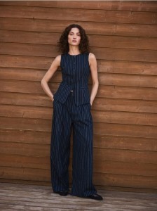 Szerokie spodnie z lnem - granatowy