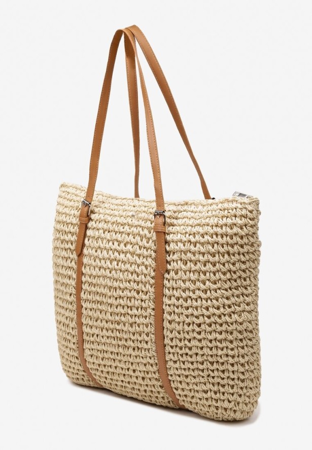Jasnobeżowa Pleciona Torebka Shopper z Rączkami Zapinana na Suwak Alulasa