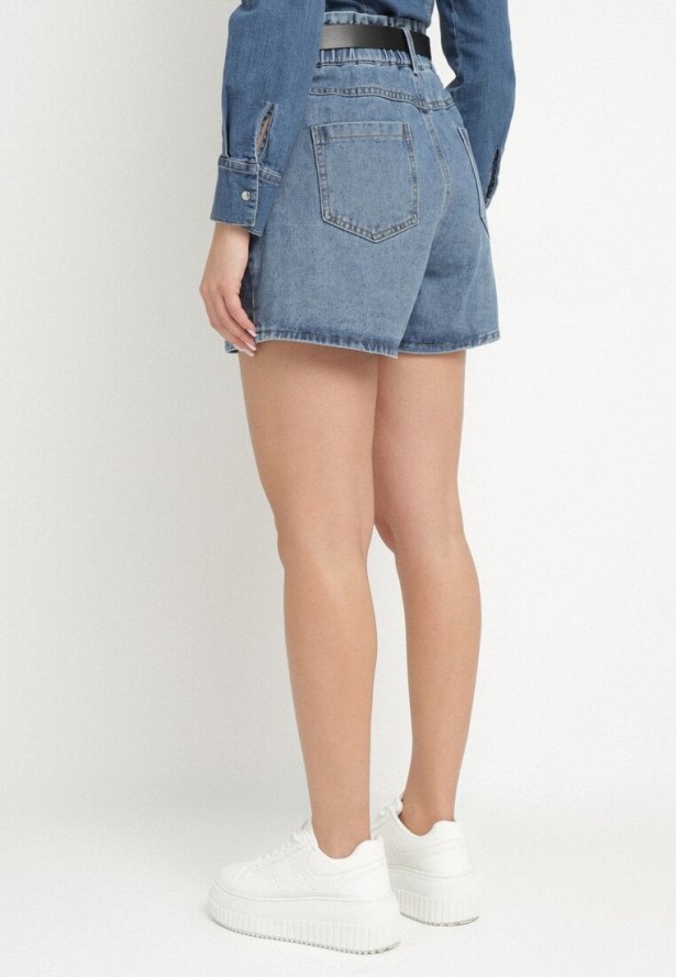 Niebieskie Szorty Jeansowe z Ozdobnymi Przeszyciami Gumką w Talii i Paskiem Alariana