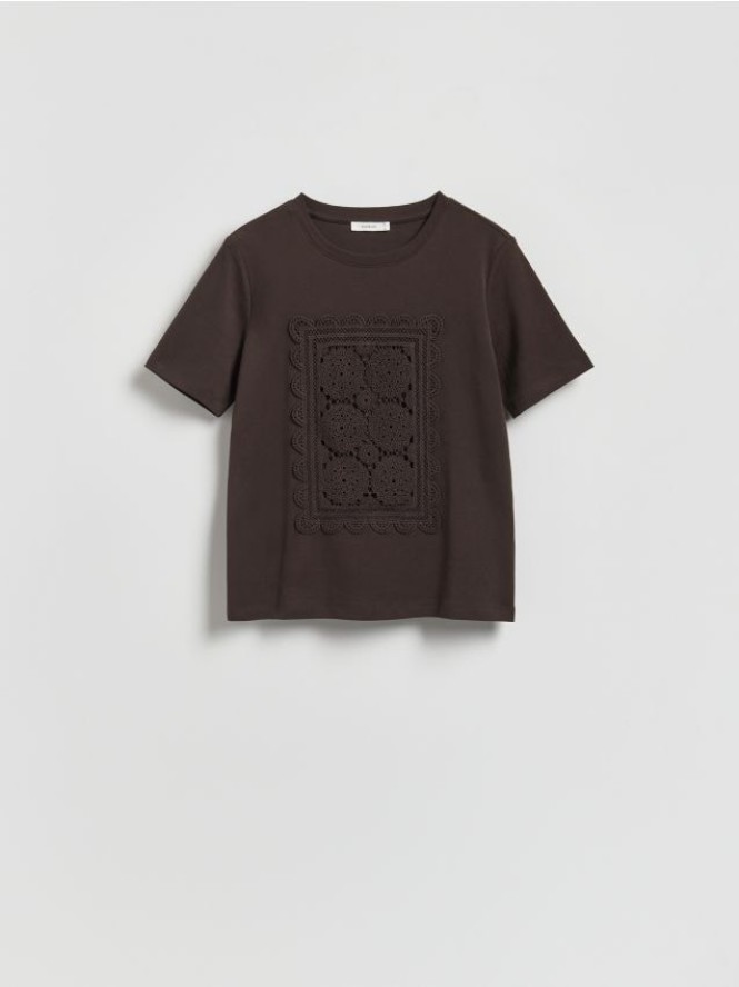 T-shirt z haftem - ciemnobrązowy